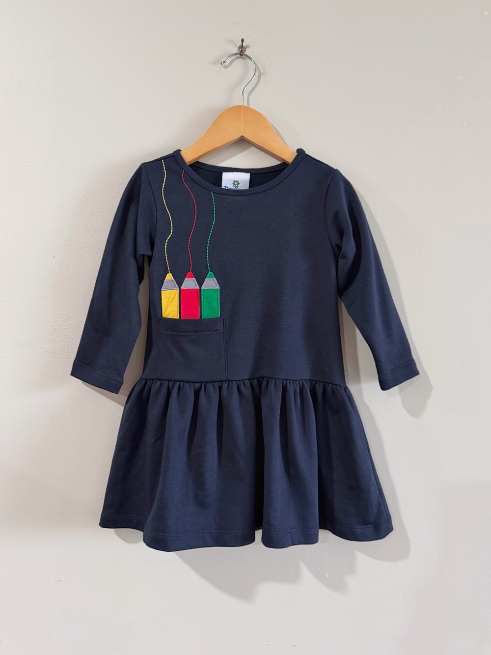Florence Eiseman Girls 3T Navy Crayon Applique Knit Dress Cute Preppy School